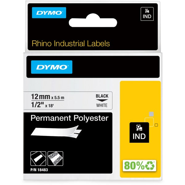 Dymo Rhino Permanent Poly Labels - 1/2" (12.70 mm) Width - Permanent Adhesive - Thermal Transfer - White, Black - Polyester - Easy Peel - 1 Each