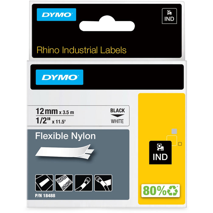 Dymo Rhino Flexible Nylon Labels - 1/2" (12.70 mm) Width x 11 1/2 ft (3.5 m) Length - Thermal Transfer - White, Black - Nylon - Water Resistant - 1 Each