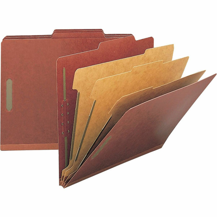 Nature Saver 2/5 Tab Cut Legal Yes Classification Folder - 8 1/2" (215.90 mm) x 14" (355.60 mm) - 8 Fastener - 2" (50.80 mm) for Folder, 1" (25.40 mm) for Divider - 3 Divider - 25 pt. (8.80 mm) - Pressboard - Red - Tyvek Gusset - 100% Recycled - 10 / Box