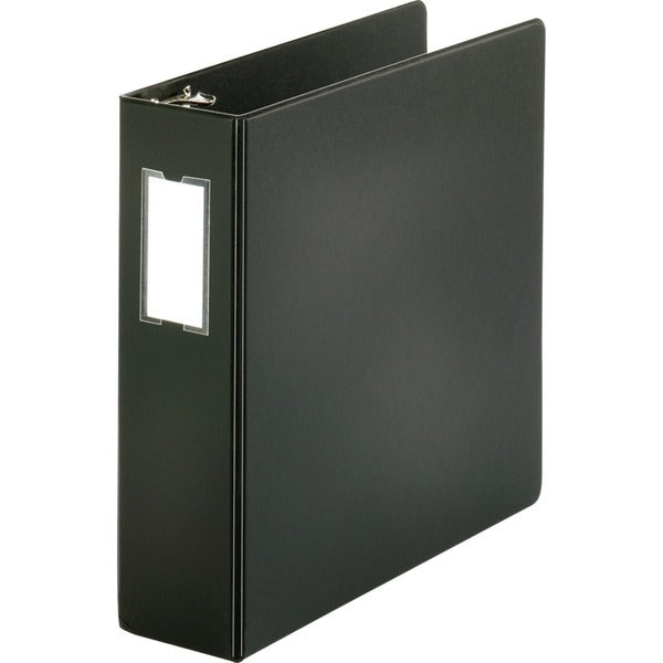 Business Source Basic Round Ring Binder w/Label Holder - 3" (76.20 mm) Binder Capacity - Letter - 8 1/2" (215.90 mm) x 11" (279.40 mm) Sheet Size - 3 Ring - Fastener: Round Ring - Vinyl - Black - Open and Closed Triggers, Label Holder - 1 Each