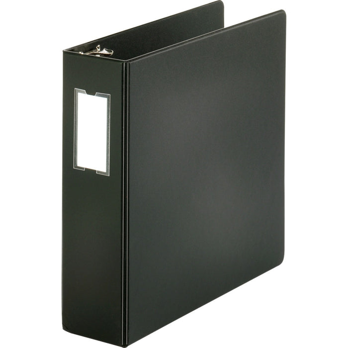 Business Source Basic Round Ring Binder w/Label Holder - 3" (76.20 mm) Binder Capacity - Letter - 8 1/2" (215.90 mm) x 11" (279.40 mm) Sheet Size - 3 Ring - Fastener: Round Ring - Vinyl - Black - No - Open and Closed Triggers, Label Holder - 1 Each