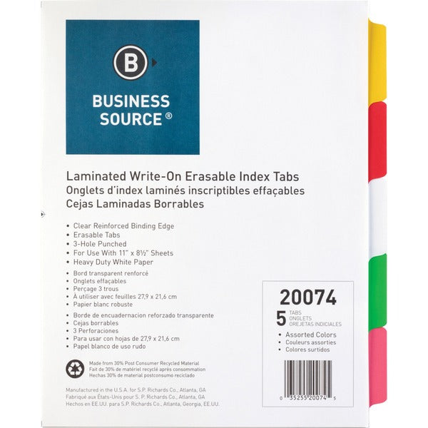 Business Source Laminated Write-On Tab Indexes - 5 Write-on Tab(s) - 5 Tab(s)/Set - 11" Tab Height x 8.50" Tab Width - 3 Hole Punched - Self-adhesive, Removable - Multicolor Mylar Tab(s) - Recycled - Laminated Tab, Reinforced Edges, Punched, Erasable - 5