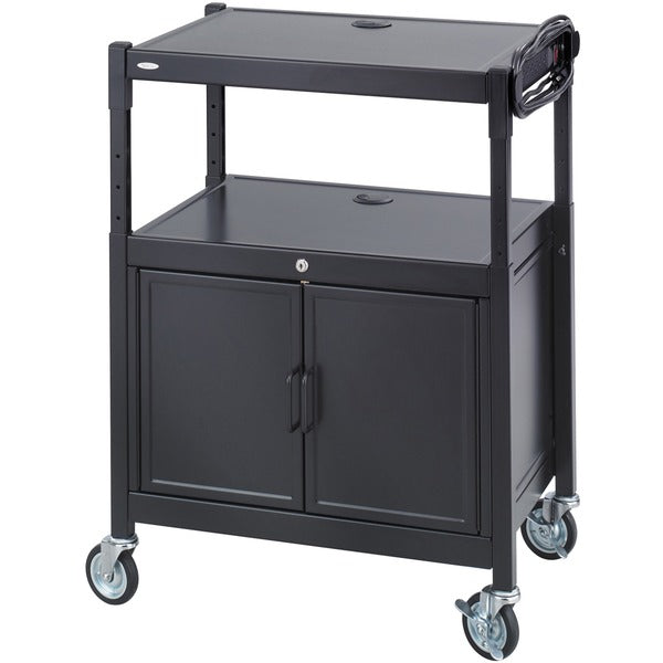 Safco Steel Adjustable AV Carts - Up to 20" Screen Support - 120 lb (54431.08 g) Load Capacity - 3 x Shelf(ves) - 42" (1066.80 mm) Height x 26.75" (679.45 mm) Width x 20.50" (520.70 mm) Depth - Floor Stand - Powder Coated - Steel - Black