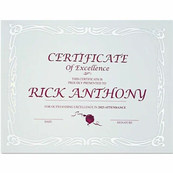 St. James&reg; Certificate with Silver Foil - 24 lb (10886.22 g) Basis Weight - "Certificate of Excellence" - 8.50" (215.90 mm) Width x 11" (279.40 mm) Length - Inkjet, Laser Compatible - White with Silver Border - Linen - 12 / Pack