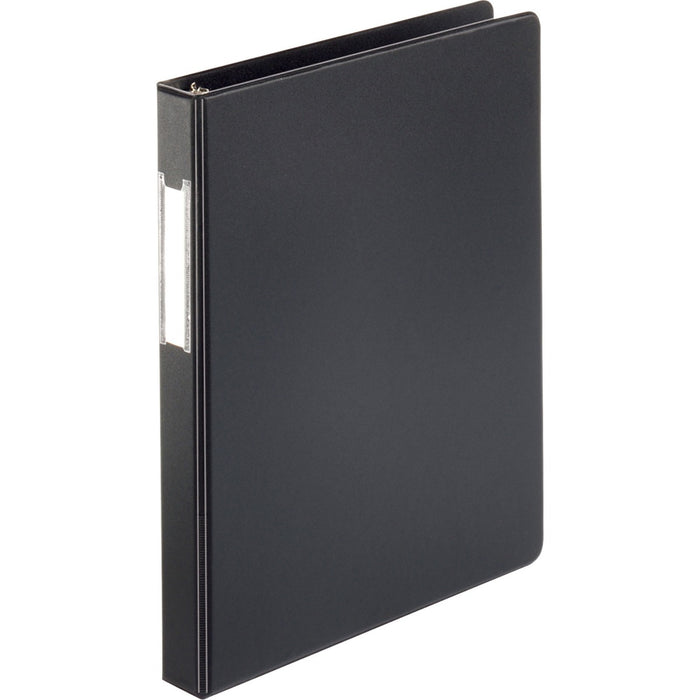 Business Source Basic Round Ring Binder w/Label Holder - 1" (25.40 mm) Binder Capacity - Letter - 8 1/2" (215.90 mm) x 11" (279.40 mm) Sheet Size - 3 Ring(s) - Fastener(s): Round Ring - Vinyl - Black - Recycled - Open and Closed Triggers, Label Holder - 1