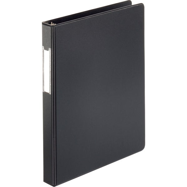Business Source Basic Round Ring Binder w/Label Holder - 1" (25.40 mm) Binder Capacity - Letter - 8 1/2" (215.90 mm) x 11" (279.40 mm) Sheet Size - 3 Ring - Fastener: Round Ring - Vinyl - Black - Recycled - Open and Closed Triggers, Label Holder - 1 Each