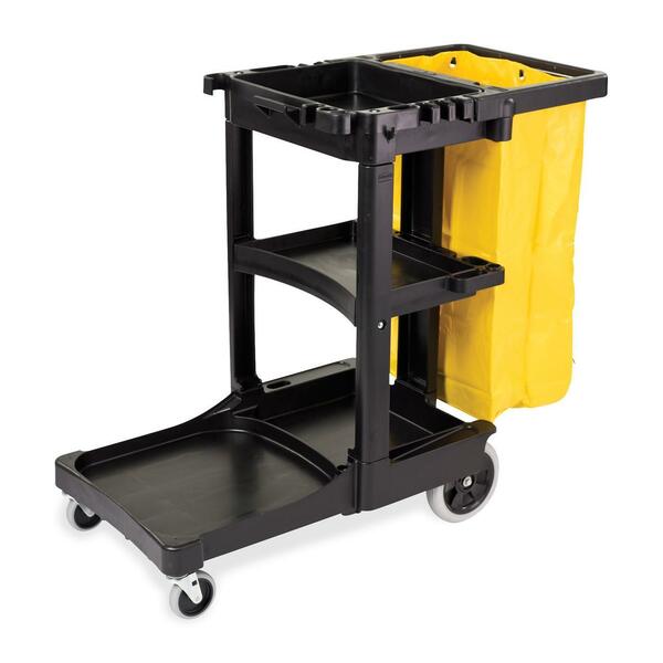 Rubbermaid Cleaning Cart with Zippered Yellow Vinyl Bag - 3 Shelf - 8" (203.20 mm), 4" (101.60 mm) Caster Size - 46" (1168.40 mm) Length x 21.8" (552.45 mm) Width x 38.4" (974.60 mm) Height - Black - 1 Each