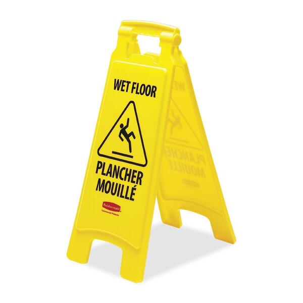Rubbermaid Wet Floor Caution Sign - English, French - Print/Message "Caution Wet Floor" - 11" (279.40 mm) Width x 25" (635 mm) Height x 12" (304.80 mm) Depth - Rectangular Shape - Foldable, Self-standing - Indoor - Yellow - 1 Each