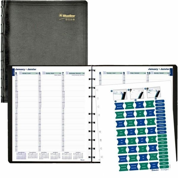 Blueline MiracleBind Weekly Planner, 11" x 9-1/6" , Bilingual, Black - Weekly - 2026 to 2026 - 7:00 AM to 8:45 PM - Monday - Friday, Quarter-hourly - 1 Week Double Page Layout - 9 1/16" (230.12 mm) x 11" (279.40 mm) Sheet Size - Twin Wire - Black - Black