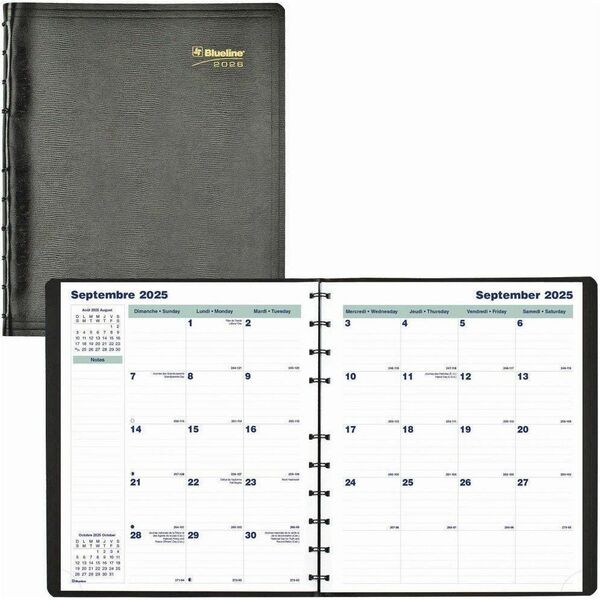 Blueline MiracleBind Monthly Planner, 11" x 9-1/6" , Bilingual, Black - Monthly - 16 Month - September 2025 to December 2026 - 1 Month Double Page Layout - 9 1/16" (230.12 mm) x 11" (279.40 mm) Sheet Size - Twin Wire - Black - Black Cover - Address Direct