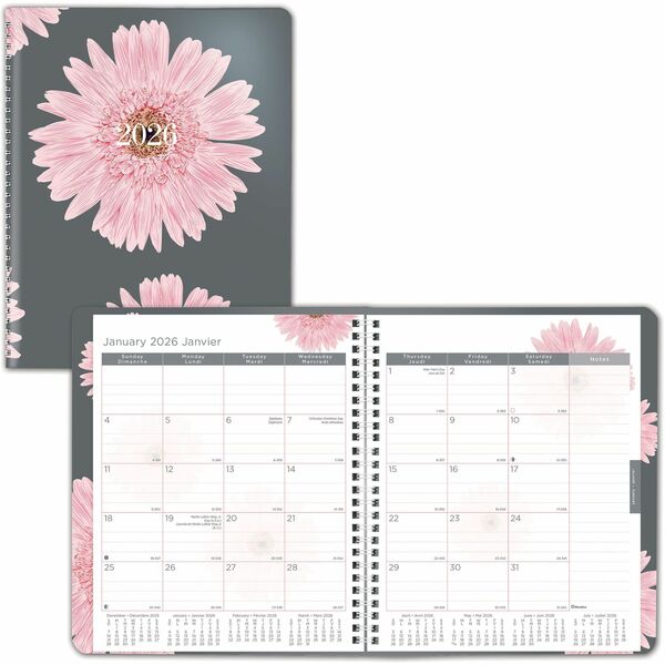 Blueline Pink Daisy Monthly Planner, 8-7/8" x 7-1/8" , Bilingual - Monthly - 14 Month - December 2025 to January 2027 - 1 Month Double Page Layout - 8 7/8" (225.43 mm) x 7 1/8" (180.98 mm) Sheet Size - Twin Wire - Pink Daisy - Paper - Pink Cover - 0.3" (7