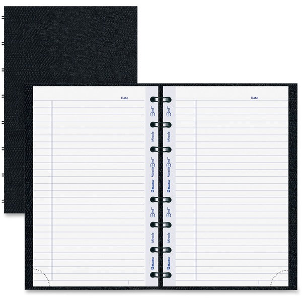 Blueline MiracleBind College Ruled Notebooks - 150 Pages - Twin Wirebound - Ruled Margin - 8" (203.20 mm) x 5" (127 mm) Sheet Size - Black Ribbed Cover - Hard Cover, Removable, Repositionable, Micro Perforated, Index Sheet, Pocket, Self-adhesive Tab, Tele