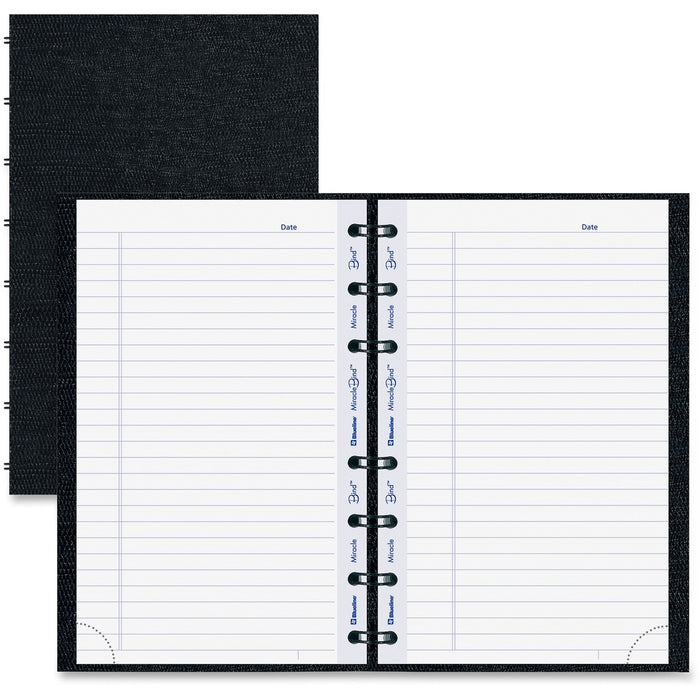 Blueline MiracleBind College Ruled Notebooks - 150 Pages - Twin Wirebound - Ruled Margin - 8" (20.32 cm) x 5" (12.70 cm) Sheet Size - Black Ribbed Cover - Hard Cover, Removable, Repositionable, Micro Perforated, Index Sheet, Pocket, Self-adhesive Tab, Tel