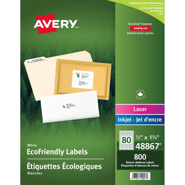 Avery&reg; Eco-Friendly Return Address Labels for Laser and Inkjet Printers, ½" x 1¾" - 1/2" Width x 1 3/4" Length - Square - Laser, Inkjet - White - Paper - 80 / Sheet - 800 / Pack - Chlorine-free