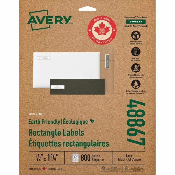 Avery&reg; Eco-Friendly Return Address Labelsfor Laser and Inkjet Printers, 1/2" x 1-3/4" - 1/2" (12.70 mm) Width x 1 3/4" (44.45 mm) Length - Square - Laser, Inkjet - White - Paper - 80 / Sheet - 800 / Pack