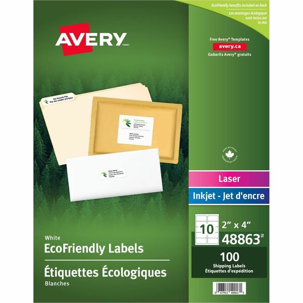 Avery&reg; Eco-Friendly Shipping Labels for Laser and Inkjet Printers, 2" x 4" - Water Based Adhesive - Rectangle - Laser, Inkjet - White - Paper - 10 / Sheet - 10 Total Sheets - 100 Total Label(s) - 1 / Carton