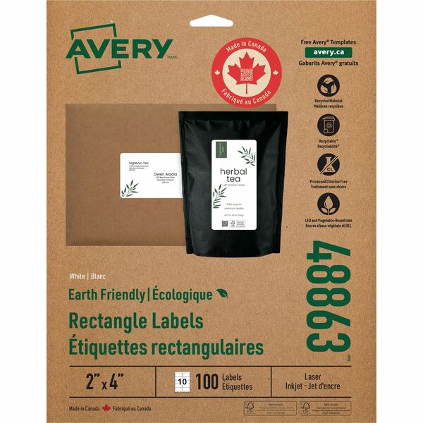 Avery&reg; Earth Friendly Rectangle Labels for Laser and Inkjet printers, 2 x 4" - - HeightWater Based Adhesive - Rectangle - Laser, Inkjet - White - Paper - 10 / Sheet - 10 Total Sheets - 100 Total Label(s) - 100 / Pack