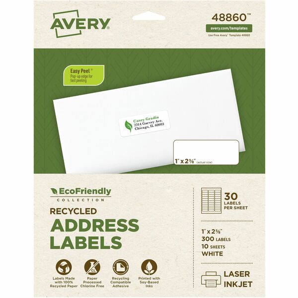 Avery&reg; Eco-Friendly Address Labelsfor Laser and Inkjet Printers, 1" x 2-5/8" - 1" (25.40 mm) Width x 2 5/8" (66.55 mm) Length - Permanent Adhesive - Rectangle - Laser, Inkjet - Matte - White - Paper - 30 / Sheet - 50 Total Sheets - 1500 Total Label(s)