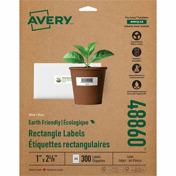 Avery&reg; Eco-Friendly Address Labelsfor Laser and Inkjet Printers, 1" x 2-5/8" - 1" (25.40 mm) Width x 2 5/8" (66.55 mm) Length - Permanent Adhesive - Rectangle - Inkjet, Laser - Matte White - Matte - Paper - Recyclable, PVC-free, Permanent Adhesive, Cu