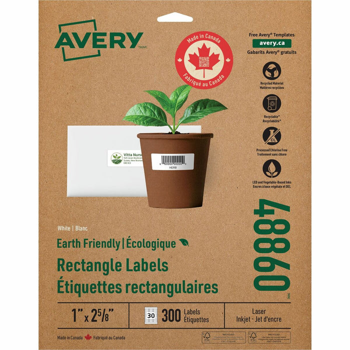 Earth-Friendly White Rectangle Labels 1" x 2-5/8" , Permanent Adhesive, for Laser and Inkjet Printers - 1" (25.40 mm) Height x 2 5/8" (66.55 mm) Width - Permanent Adhesive - Rectangle - Laser, Inkjet - Matte White - Paper - 30 / Sheet - 300 / Pack