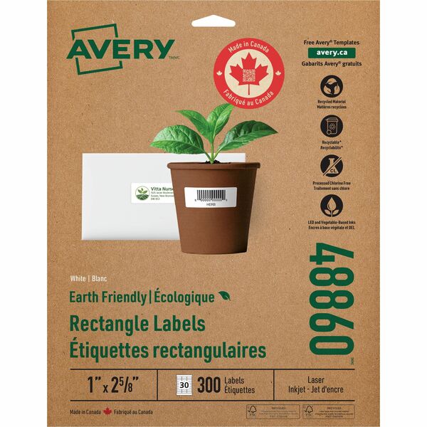 Avery&reg; Eco-Friendly Address Labelsfor Laser and Inkjet Printers, 1" x 2-5/8" - 1" (25.40 mm) Width x 2 5/8" (66.55 mm) Length - Permanent Adhesive - Rectangle - Inkjet, Laser - Matte White - Matte - Paper - 30 / Sheet - 30 Total Sheets - 300 Total Lab