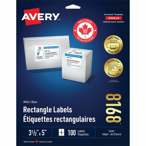 Avery&reg; White Rectangle Labels with Sure Feed™ Technology, TrueBlock&reg;, 3-1/2" x 5" , for Laser and Inkjet Printers - 3 1/2" (88.90 mm) Height x 5" (127 mm) Width - Permanent Adhesive - Rectangle - Inkjet - Matte - White - Paper - 4 / Sheet -