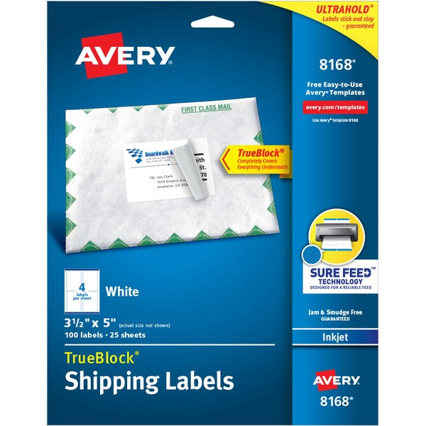 Avery&reg; White Rectangle Labels with Sure Feed&trade; Technology, TrueBlock&reg;, 3½" x 5" , for Laser and Inkjet Printers - 3 1/2" Height x 5" Width - Permanent Adhesive - Rectangle - Inkjet - White - Paper - 4 / Sheet - 25 Total Sheets - 100 Total Lab