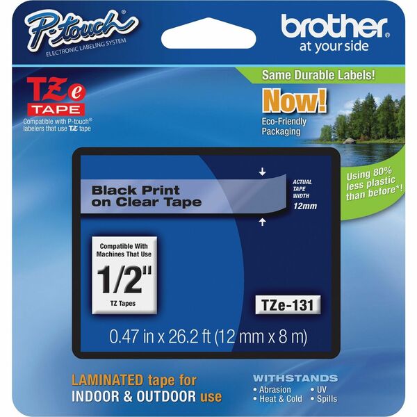 P-touch TZe Laminated Tape Cartridge - x 1/2" (12.70 mm) Width - Black, Clear - Water Resistant - Laminated - Grease Resistant, Grime Resistant, Temperature Resistant - 1 Each