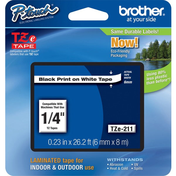P-touch TZe Laminated Tape Cartridge - 1/4" (6.35 mm) Width - Rectangle - White - Water Resistant - Grease Resistant, Grime Resistant, Temperature Resistant - 1 Each