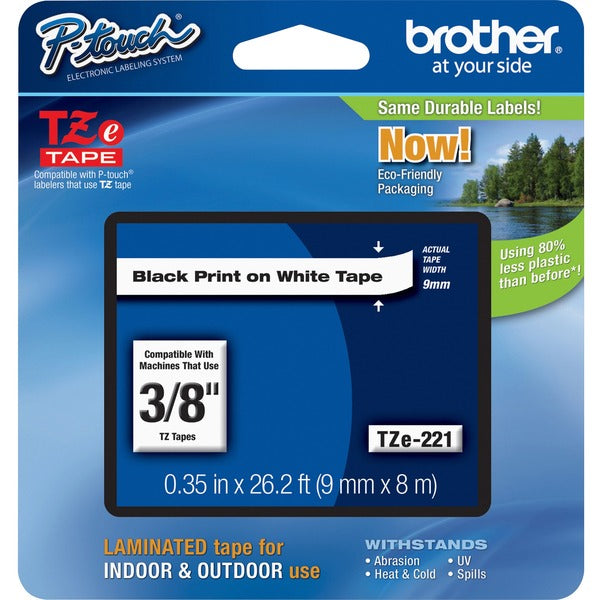 P-touch TZe Laminated Tape Cartridge - x 3/8" (9.53 mm) Width - Roll - Rectangle - White - Polyethylene Terephthalate (PET), Polyester Film - Water Resistant - Laminated - Grease Resistant, Grime Resistant, Temperature Resistant - 1 Each
