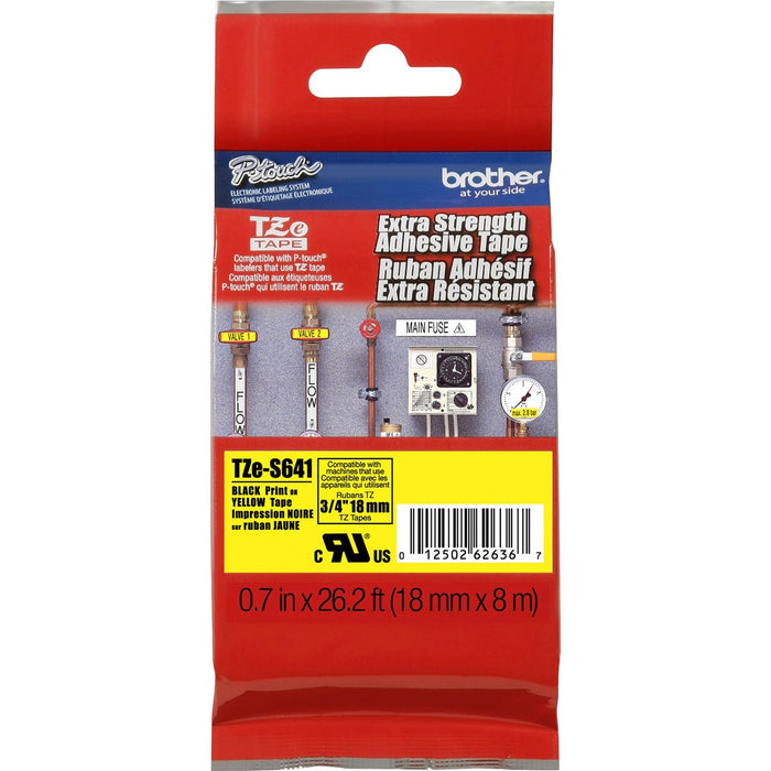 P-touch TZe 3/4" Extra Strength Adhesive Tape - x 3/4" (19.05 mm) Width - Thermal Transfer - Black, Yellow - Polyethylene - Laminated - 1 Each