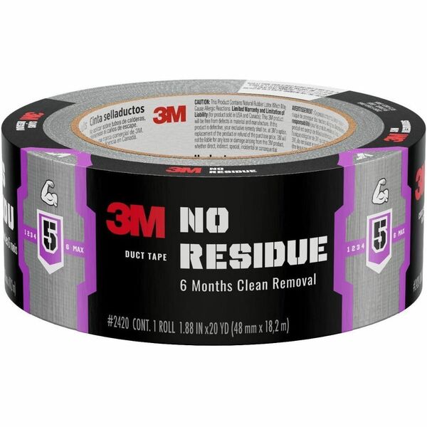Scotch No Residue Duct Tape 2420 - 20 yd (18.3 m) Length x 1.88" (47.8 mm) Width - 3" (76.20 mm) Core - Silver - Water Proof, Weather Resistant - For Wrapping, Indoor, Outdoor, Repairing, Bundling, Securing Cable - 12 Rolls/Case - 12 / Case