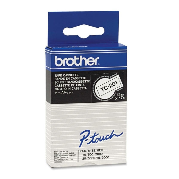 Brother P-touch TC201 Label Tape - 15/32" (12 mm) Width - Permanent Adhesive - Rectangle - Glossy - White, Black - Water Resistant - 1 Each