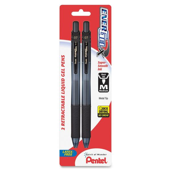 Pentel EnerGel-X Retractable Liquid Gel Pen - 0.7 mm (0.03") Medium Pen Point - Refillable - Retractable - Black Ink - Gel-based - Black Barrel - Metal Tip - 2 / Pack