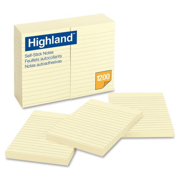 Highland Ruled Self Adhesive Note Pads - 4" (101.60 mm) Flag/Note Width x 6" (152.40 mm) Flag/Note Length - Rectangle - Ruled - Yellow - 12 / Pack