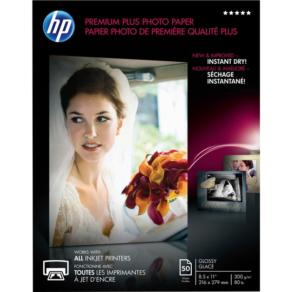 HP Premium Plus 11.5 mil Photo Paper - Letter - 8 1/2" (215.90 mm) x 11" (279.40 mm) - 80 lb (36287.39 g) Basis Weight - Glossy - Smudge Proof, Water Resistant, Quick Drying, Fade Resistant - White - 50 / Pack