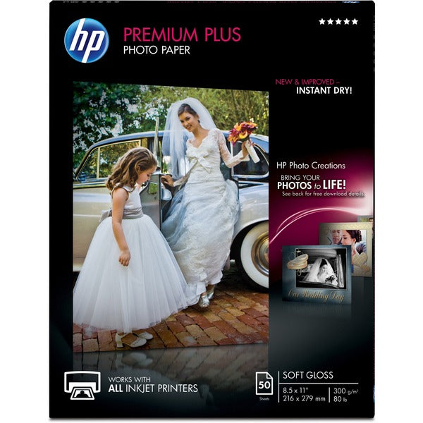 HP Premium Plus Soft Gloss Photo Paper - Letter - 8 1/2" (215.90 mm) x 11" (279.40 mm) - 80 lb (36287.39 g) Basis Weight - Soft Gloss - Smudge Proof, Water Resistant, Quick Drying, Fade Resistant - White - 50 / Pack