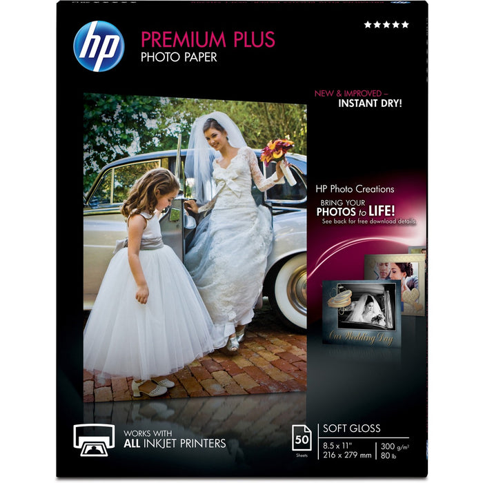 HP Premium Plus Soft Gloss Photo Paper - Letter - 8 1/2" (215.90 mm) x 11" (279.40 mm) - 80 lb (36287.39 g) Basis Weight - Soft Gloss - Smudge Proof, Water Resistant, Quick Drying, Fade Resistant - White - 1 Pack