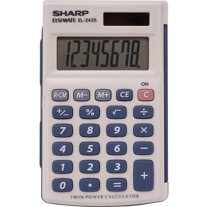 Sharp Calculators Handheld Calculator with Hard Case - 3-Key Memory, Sign Change, Auto Power Off - 8 Digits - LCD - Battery/Solar Powered - 1 x LR1130 - 0.4" (10.92 mm) Height x 2.5" (64.01 mm) Width x 4.1" (104.90 mm) Depth - Gray, Blue - 1 Each