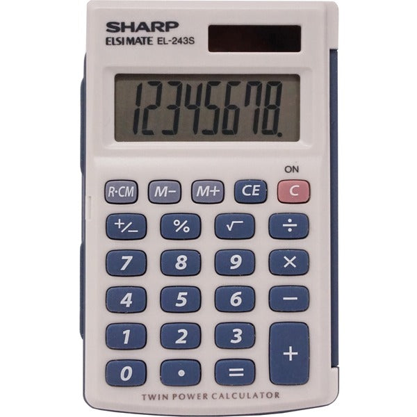 Sharp Calculators Handheld Calculator with Hard Case - 3-Key Memory, Sign Change, Auto Power Off - 8 Digits - LCD - Battery/Solar Powered - 1 x LR1130 - 0.4" (10.92 mm) Height x 2.5" (64.01 mm) Width x 4.1" (104.90 mm) Depth - Gray, Blue - 1 Each