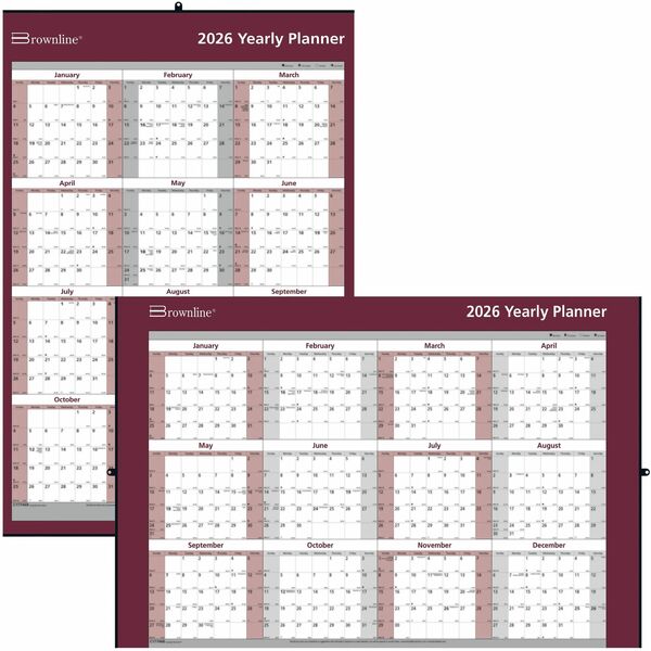 Brownline Laminated Reversable Yearly Wall Calendar, 32" x 48" , English - Large - Julian Dates - Yearly - 12 Month - January 2026 to December 2026 - 1 Year Single Page Layout - 32" (812.80 mm) x 48" (1219.20 mm) Sheet Size - Wall Mount - Red, Gray - Lami