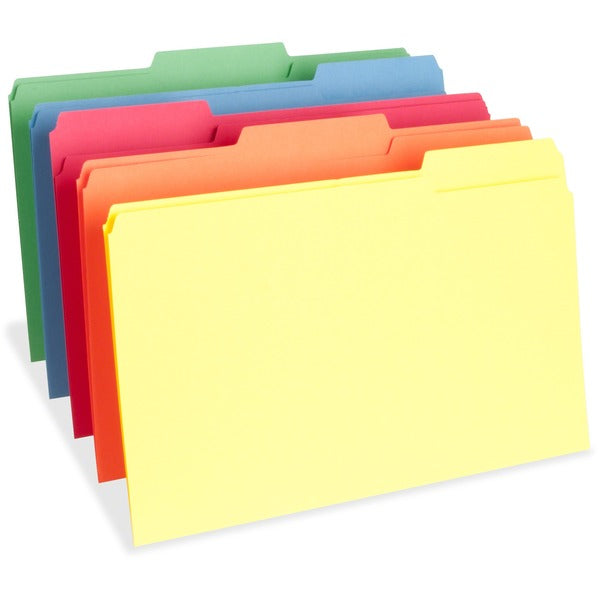 Business Source 1/3 Tab Cut Legal Recycled Top Tab File Folder - 8 1/2" (215.90 mm) x 14" (355.60 mm) - 3/4" (19.05 mm) Expansion - Top Tab Location - Assorted Tab Position - 11 pt. (3.87 mm) - 1 Plys - Assorted - Acid-free - 10% Recycled - 100 / Box