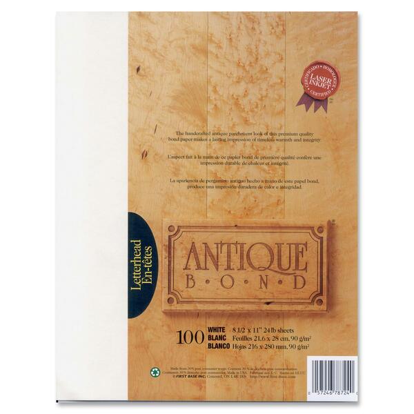 First Base Antique Bond Paper - Letter - 8 1/2" (215.90 mm) x 11" (279.40 mm) - 24 lb (10886.22 g) Basis Weight - White - 100 / Pack