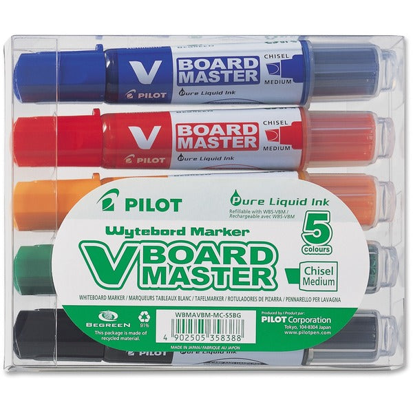 BeGreen V Board Master Whiteboard Marker - 2.2 mm (0.09") Chisel, 5.2 mm (0.20") Marker Point - Refillable - Black, Blue, Red, Green, Orange Ink - Black, Blue, Red, Green, Orange Barrel - 5 / Set