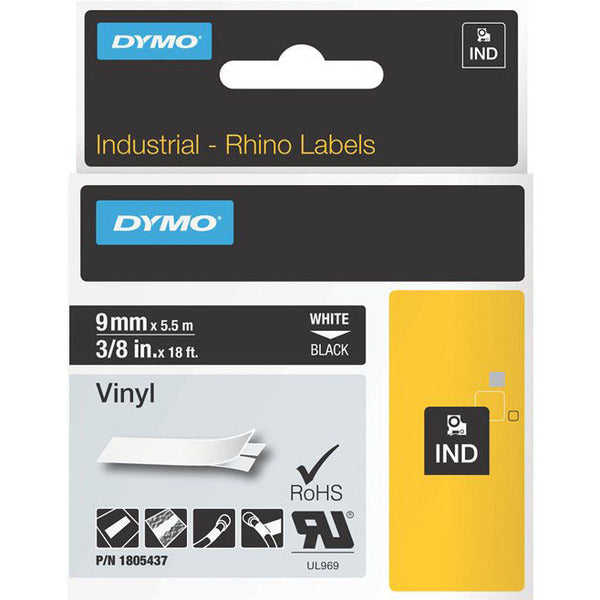 Dymo White on Black Color Coded Label - 23/64" (9 mm) Width - Permanent Adhesive - Thermal Transfer - Black - Vinyl - Water Resistant - Easy Peel - 1 Each