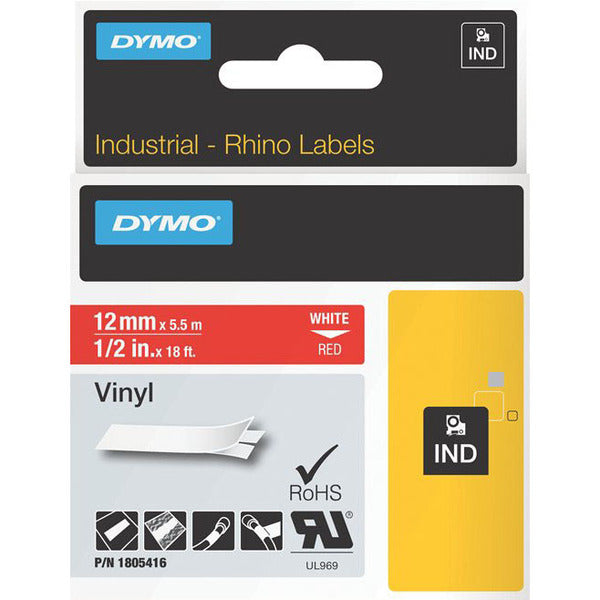 Dymo White on Red Color Coded Label - 15/32" (12 mm) Width - Permanent Adhesive - Rectangle - Thermal Transfer - Red, White - Vinyl - Water Resistant - Easy Peel - 1 Each