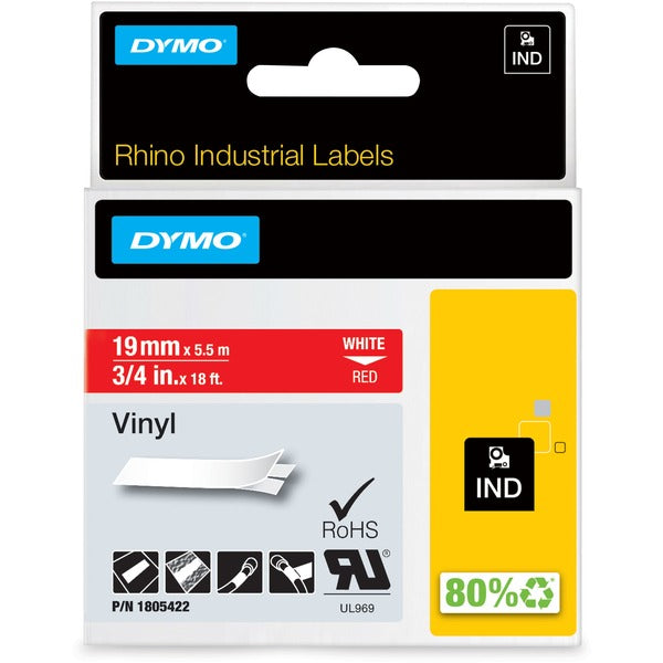 Dymo Colored 3/4" Vinyl Label Tape - 3/4" (19 mm) Width - Permanent Adhesive - Rectangle - Thermal Transfer - Red, White - Vinyl - Water Resistant - Easy Peel - 1 Each