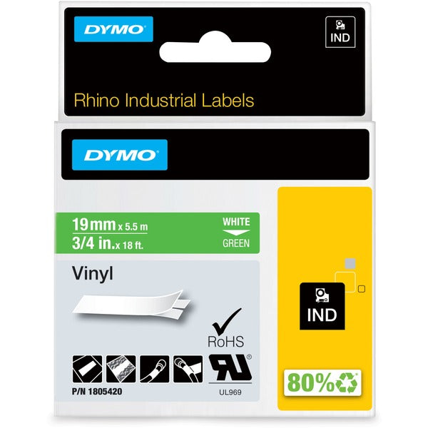 Dymo Colored 3/4" Vinyl Label Tape - 3/4" (19 mm) Width - Permanent Adhesive - Thermal Transfer - White, Green - Vinyl - Water Resistant - Easy Peel - 1 Each