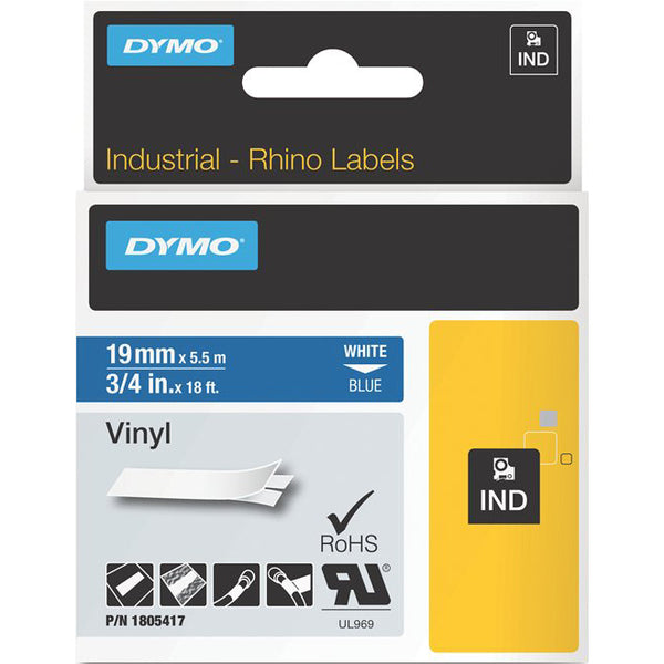 Dymo White on Blue Color Coded Label - 3/4" (19.05 mm) Width - Permanent Adhesive - Thermal Transfer - Blue - Vinyl - Water Resistant - Easy Peel - 1 Each
