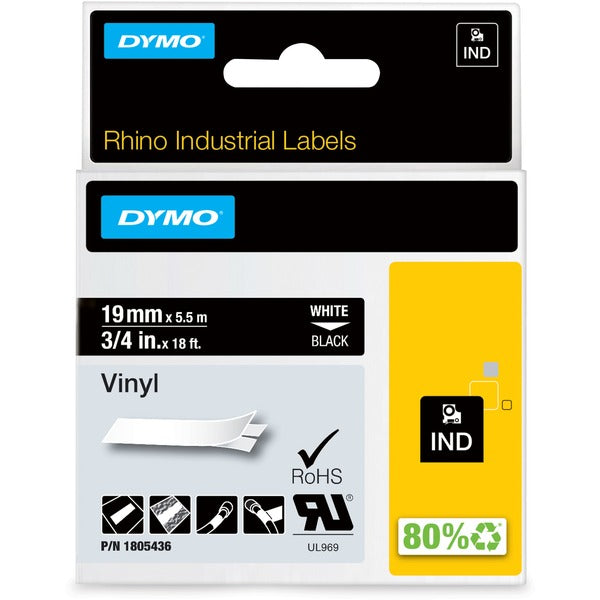 Dymo Colored 3/4" Vinyl Label Tape - 15/32" (12 mm) Width - Permanent Adhesive - Thermal Transfer - White - Vinyl - Water Resistant - Easy Peel - 1 Each